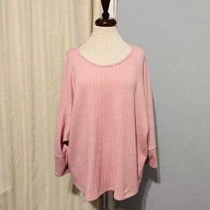Retrology Pink Ribbed Knit Oversized Batwing Dolman Sleeve Top Women 2X